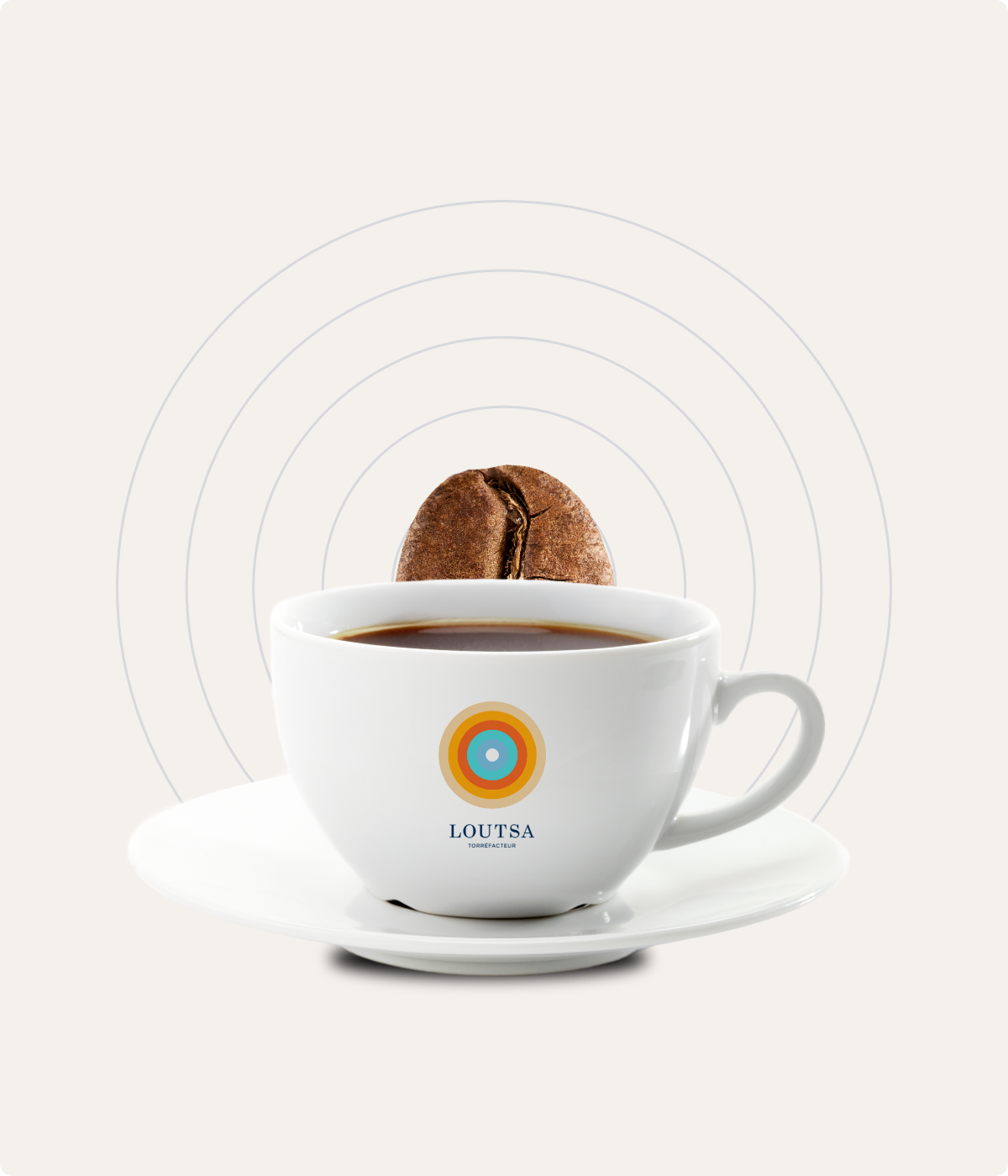 tasse espresso LOUTSA TORRÉFACTEUR, avec un grain de café derrière